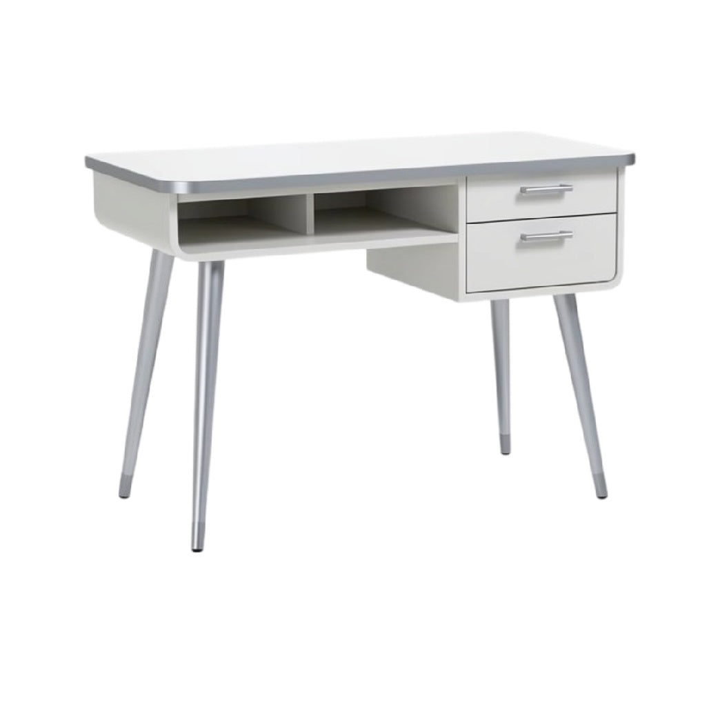 **Technische titel in het Nederlands: Modern wit bureau met lades en open opbergvak**