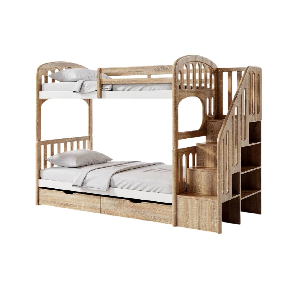 Technische titel in het Nederlands: **Houten stapelbed met trap en opbergruimte**
